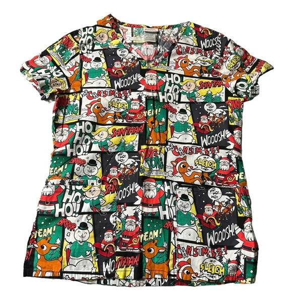 Rudolph The Red Nosed Reindeer Womens Comic Strip Christmas Holiday Scrub Top - Picture 1 of 3
